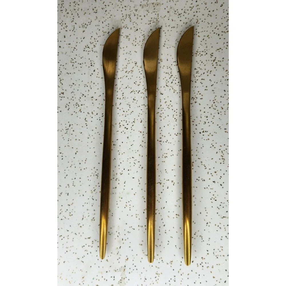 Gold Tone Stainless Steel Contemporary Flatware 3 Knives w/ Serrated Edges Lot